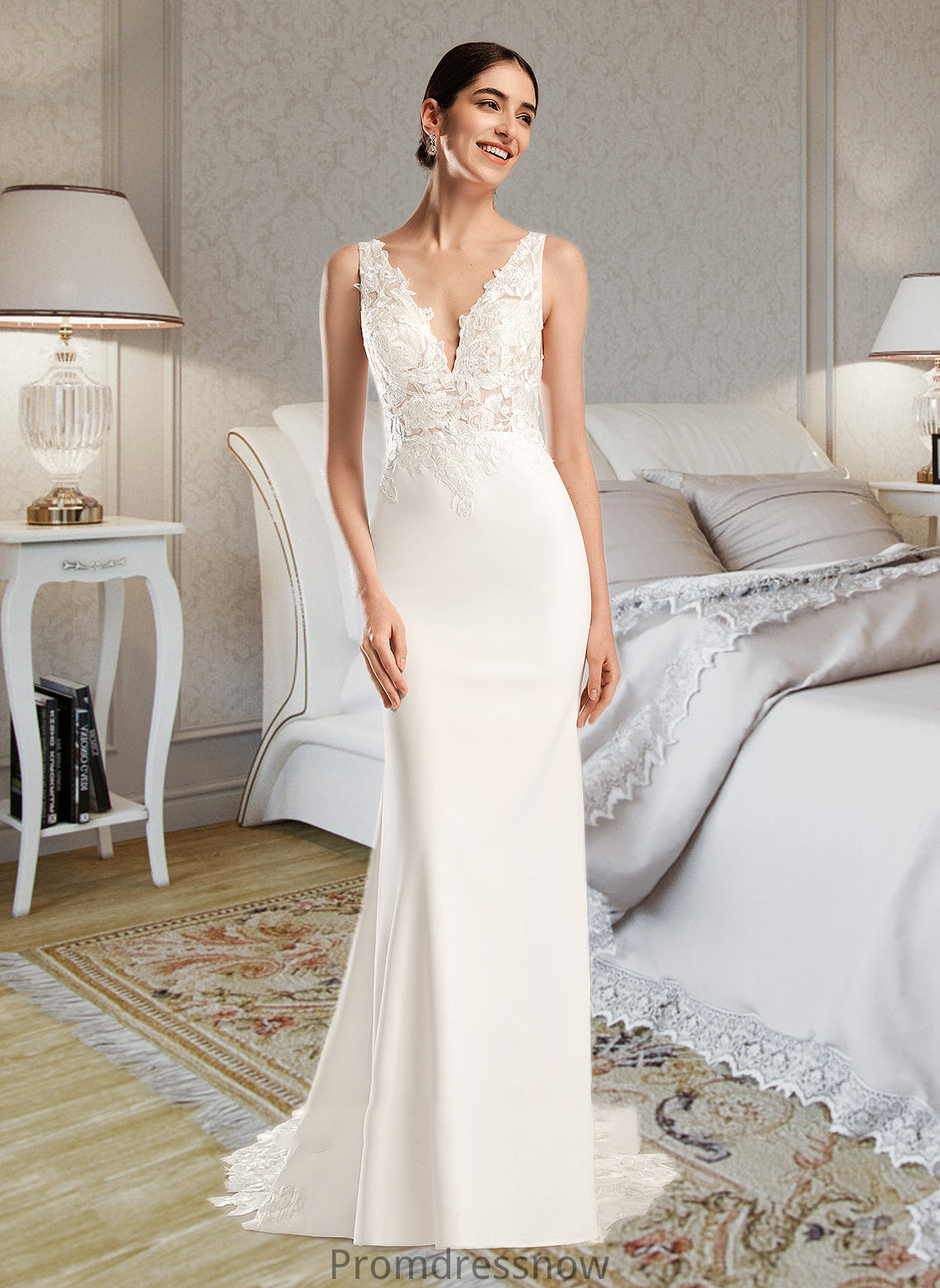 Jean Sheath/Column V-neck Court Train Wedding Dress With Sequins HPP0013807