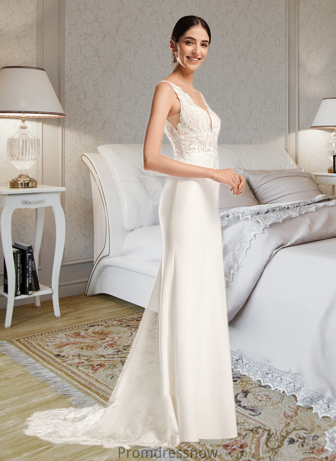 Jean Sheath/Column V-neck Court Train Wedding Dress With Sequins HPP0013807