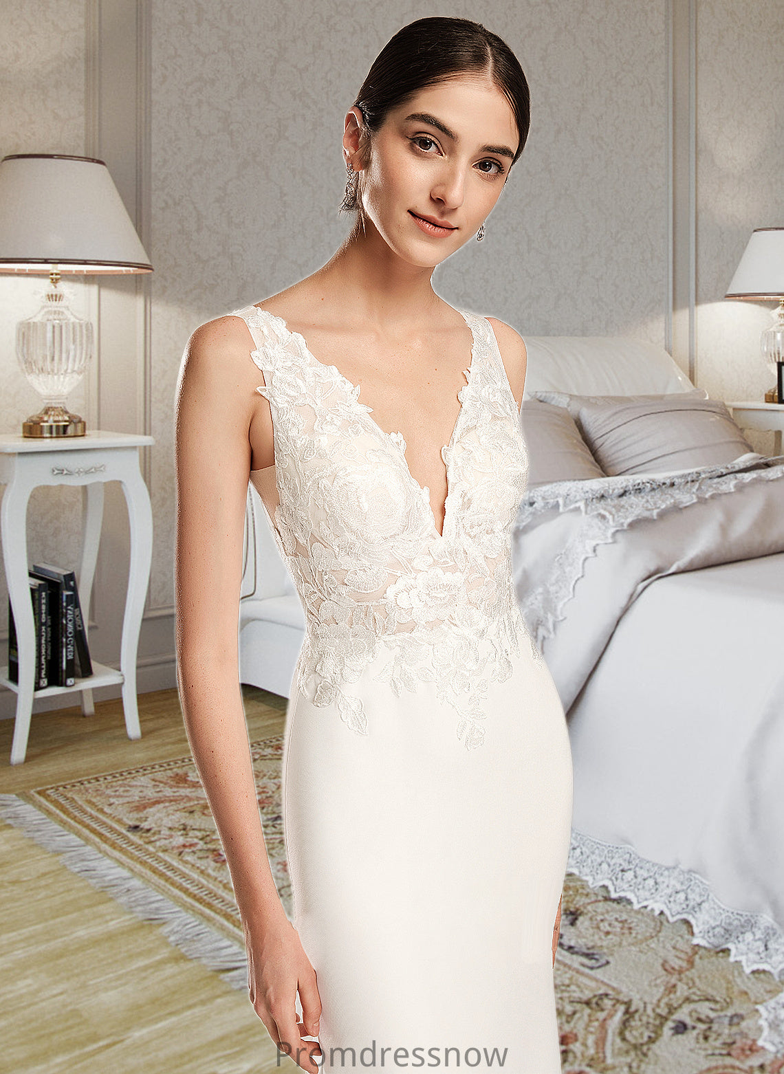 Jean Sheath/Column V-neck Court Train Wedding Dress With Sequins HPP0013807