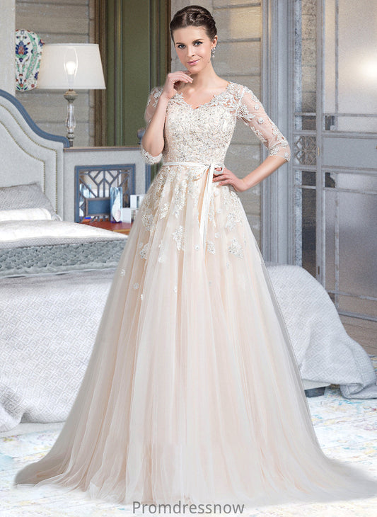 Kathy Ball-Gown/Princess V-neck Court Train Tulle Wedding Dress With Beading Appliques Lace Sequins Bow(s) HPP0013809