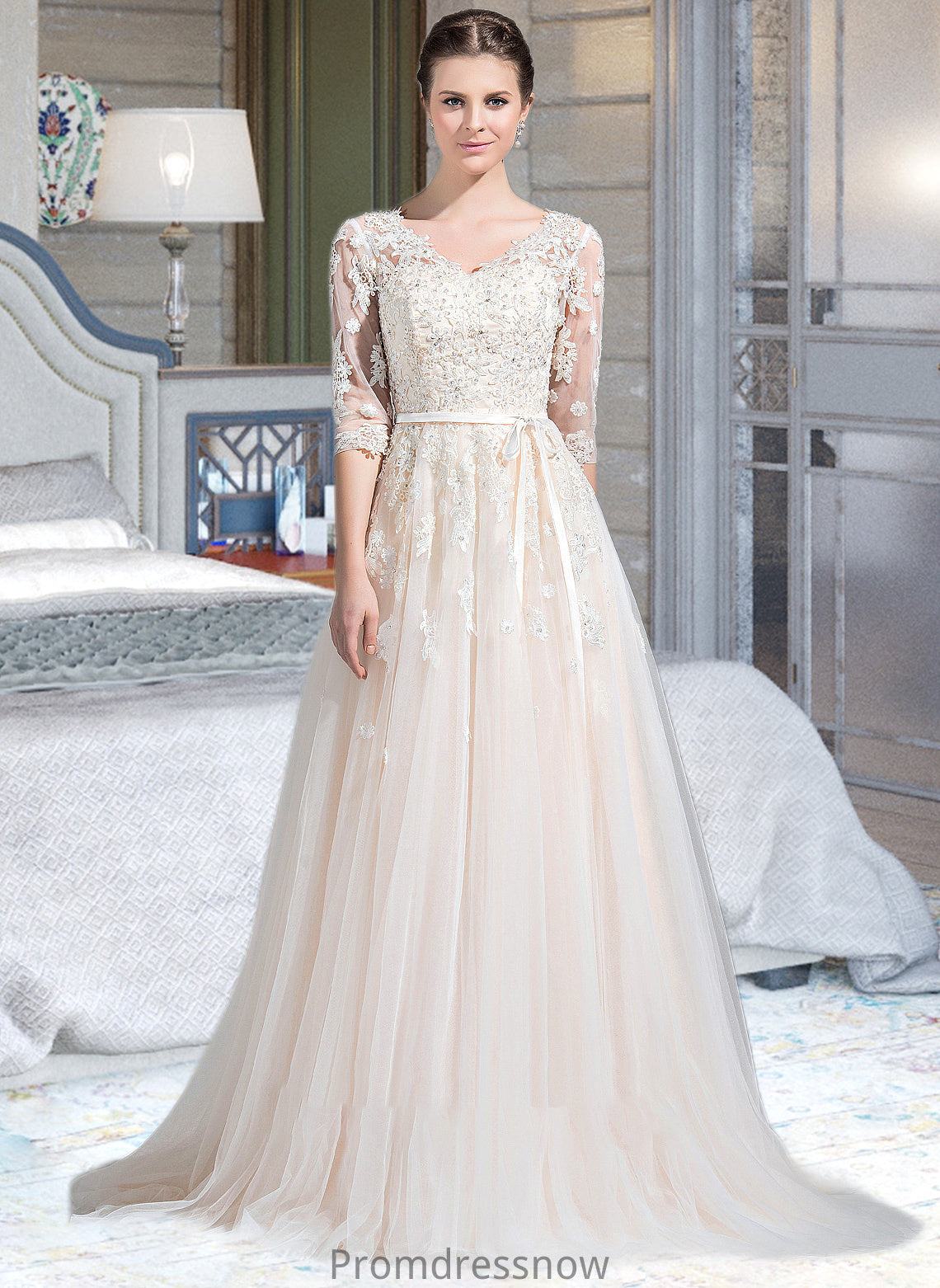 Kathy Ball-Gown/Princess V-neck Court Train Tulle Wedding Dress With Beading Appliques Lace Sequins Bow(s) HPP0013809