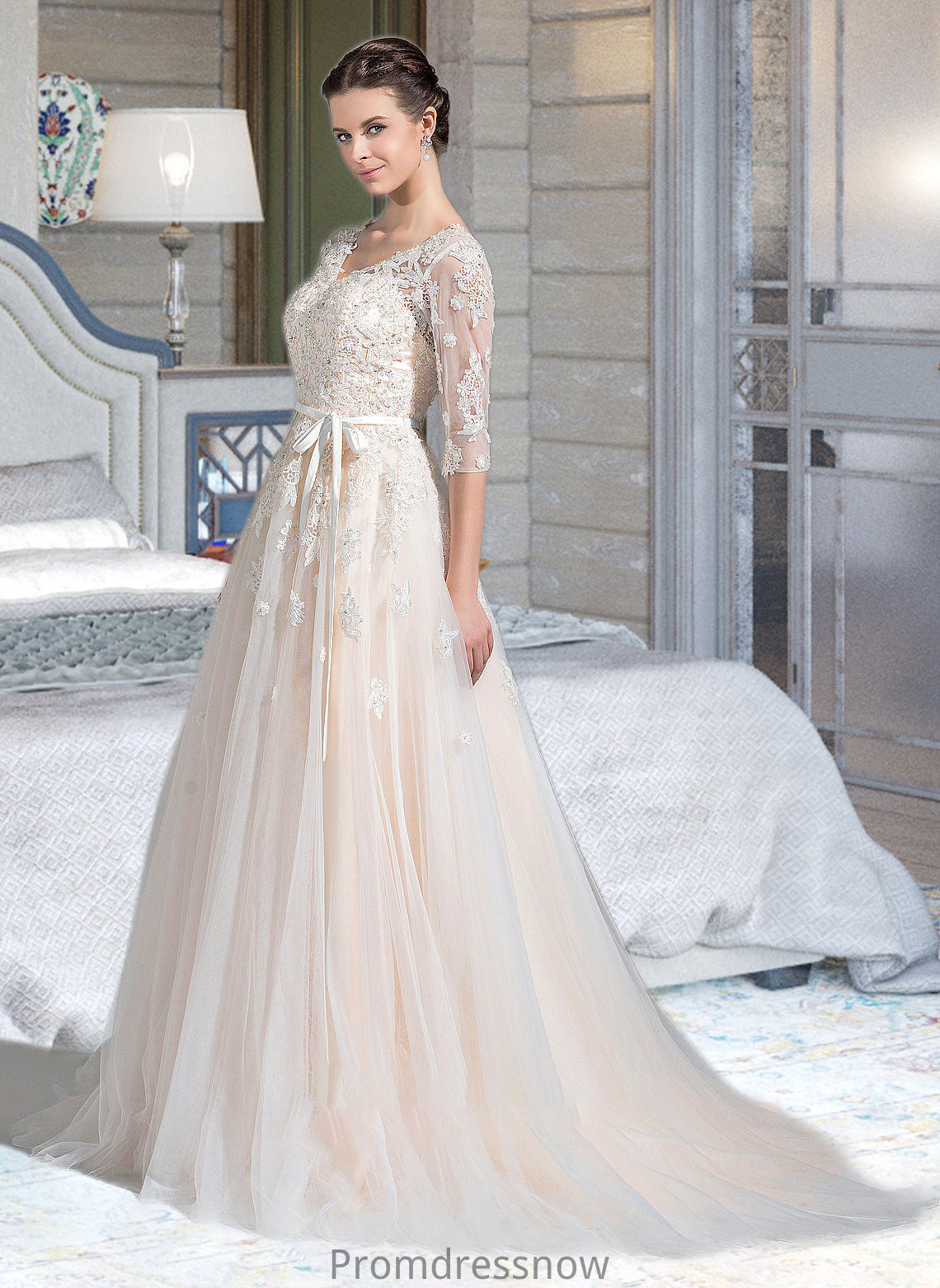 Kathy Ball-Gown/Princess V-neck Court Train Tulle Wedding Dress With Beading Appliques Lace Sequins Bow(s) HPP0013809