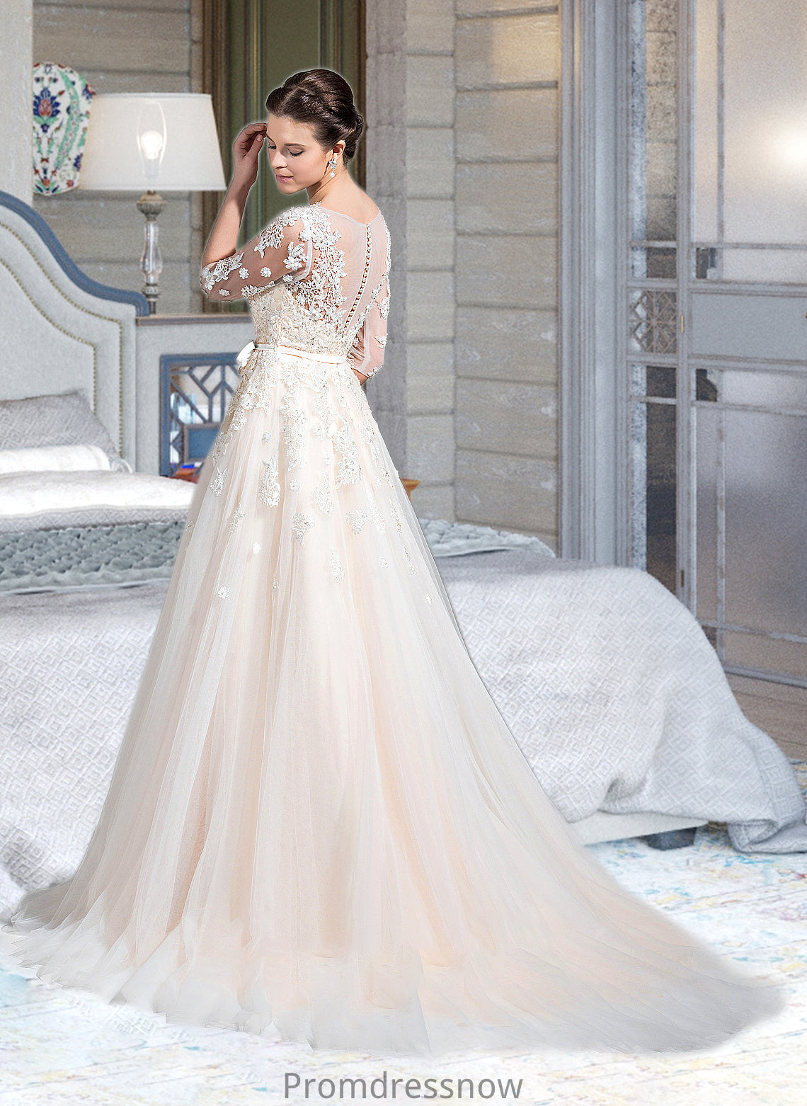 Kathy Ball-Gown/Princess V-neck Court Train Tulle Wedding Dress With Beading Appliques Lace Sequins Bow(s) HPP0013809