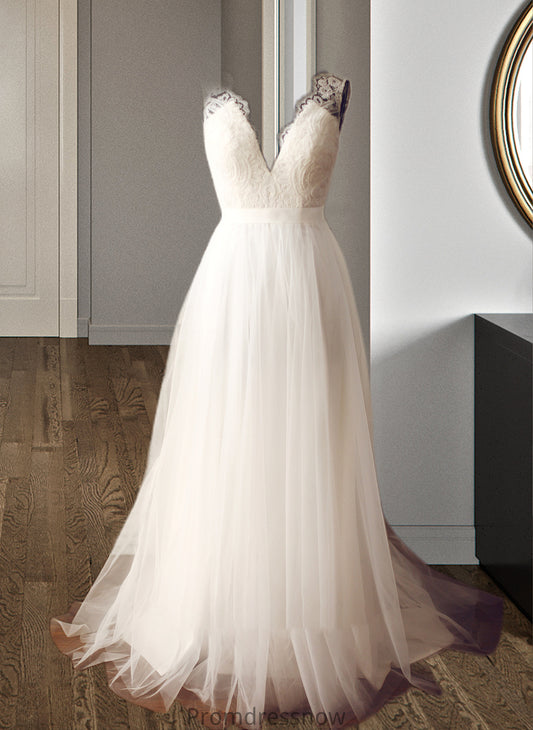 Lainey A-Line V-neck Sweep Train Tulle Wedding Dress HPP0013812