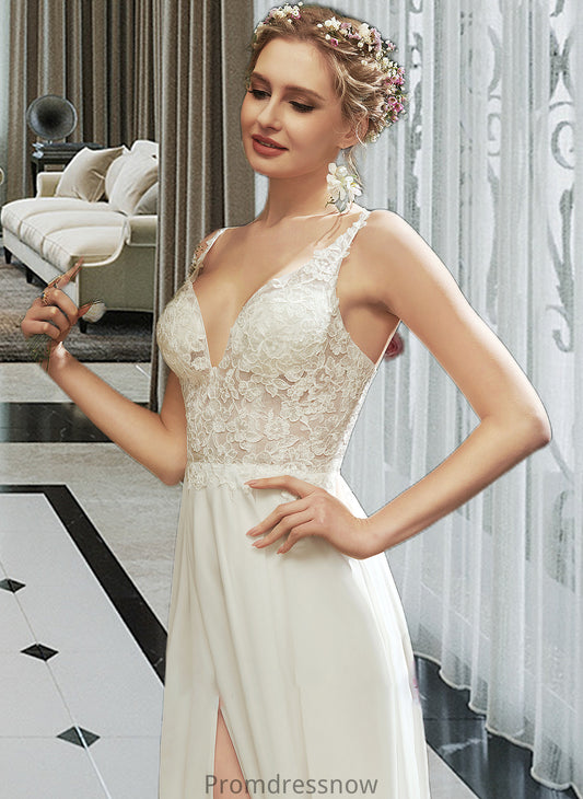 Hanna A-Line V-neck Floor-Length Wedding Dress With Lace Split Front HPP0013815