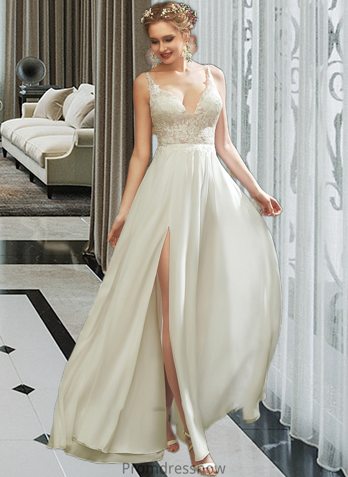 Hanna A-Line V-neck Floor-Length Wedding Dress With Lace Split Front HPP0013815