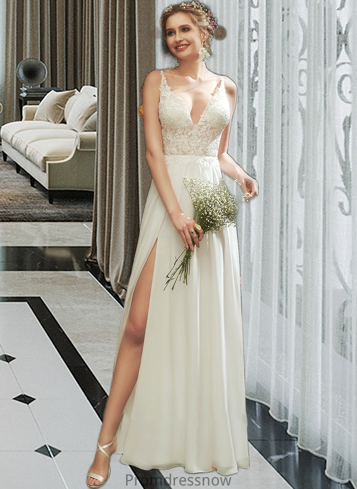 Hanna A-Line V-neck Floor-Length Wedding Dress With Lace Split Front HPP0013815