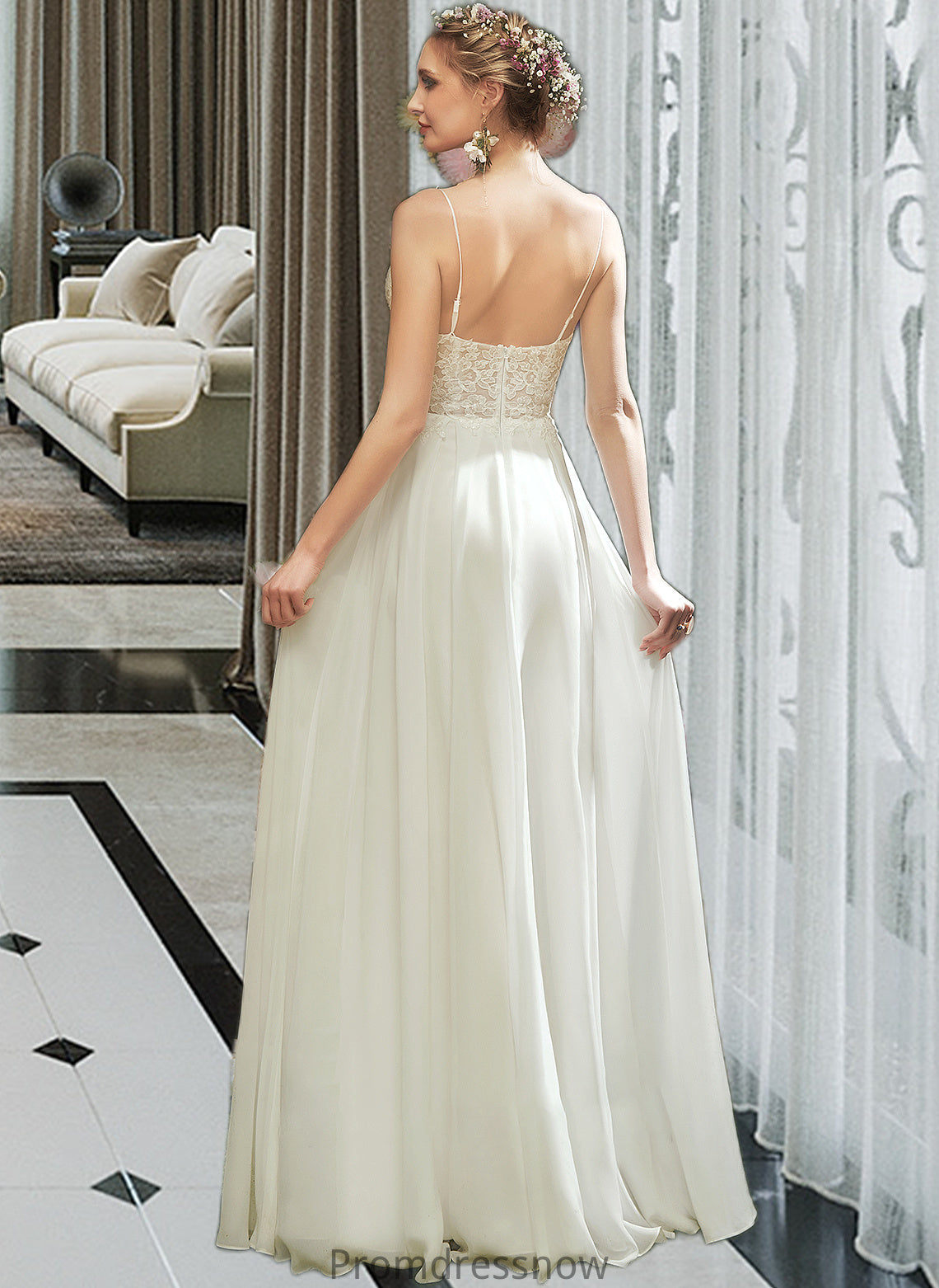 Hanna A-Line V-neck Floor-Length Wedding Dress With Lace Split Front HPP0013815