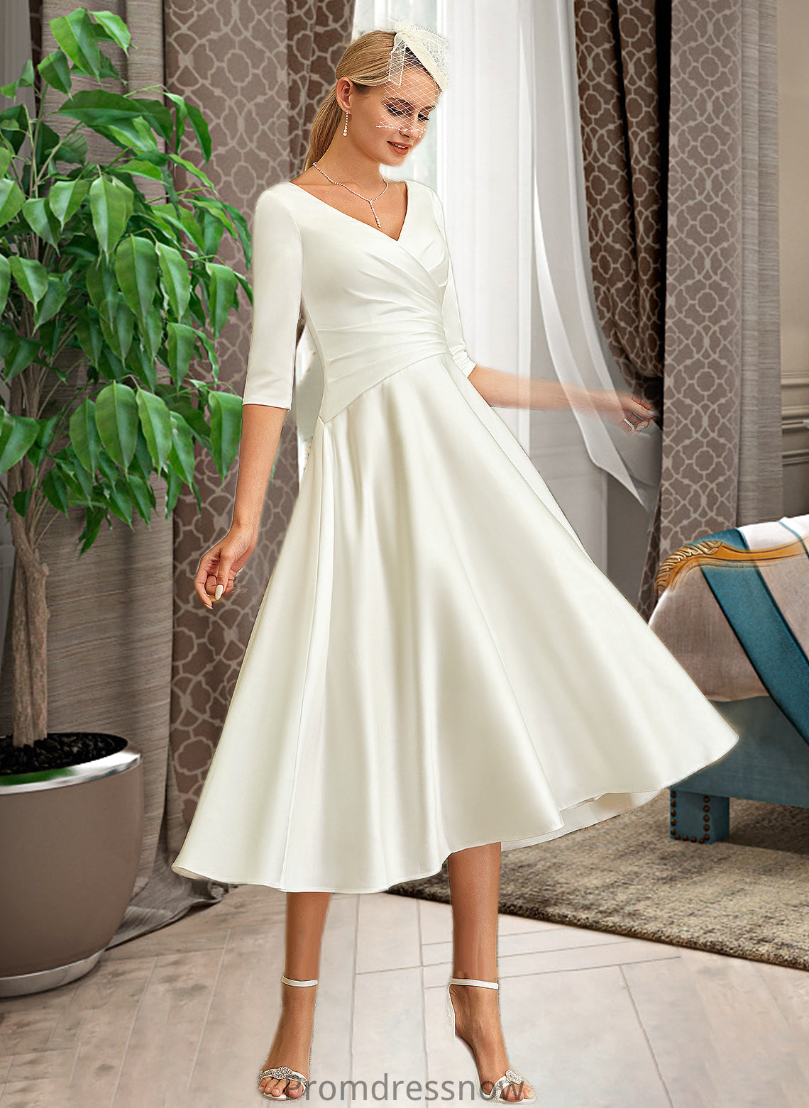 Philippa A-Line V-neck Tea-Length Satin Wedding Dress HPP0013817