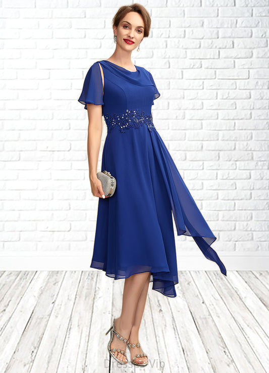 Hanna A-Line Scoop Neck Asymmetrical Chiffon Mother of the Bride Dress With Beading Appliques Lace Cascading Ruffles HP126P0014998