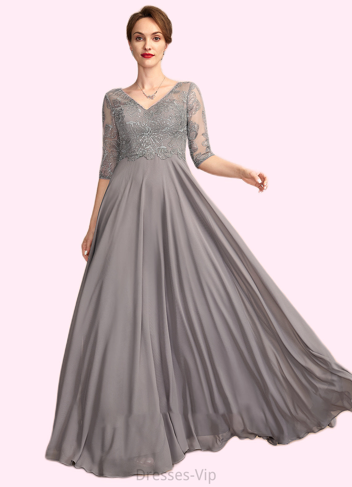 Selina A-Line V-neck Floor-Length Chiffon Lace Mother of the Bride Dress With Sequins HP126P0014999