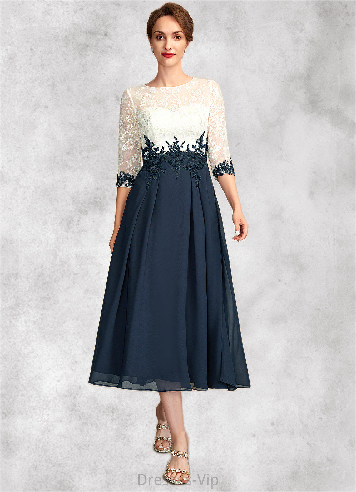 Kate A-Line Scoop Neck Tea-Length Chiffon Lace Mother of the Bride Dress HP126P0015002