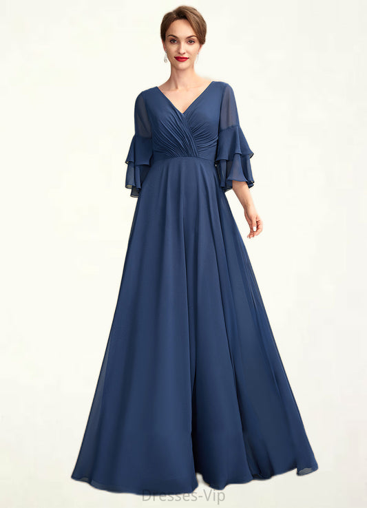 Hazel A-Line V-neck Floor-Length Chiffon Mother of the Bride Dress With Cascading Ruffles HP126P0015003