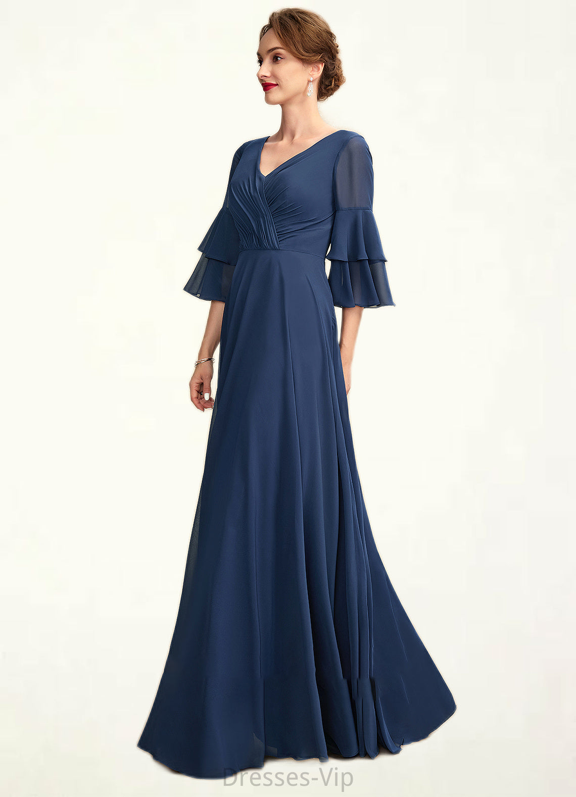 Hazel A-Line V-neck Floor-Length Chiffon Mother of the Bride Dress With Cascading Ruffles HP126P0015003