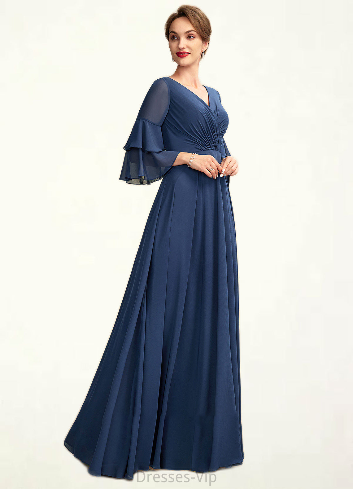 Hazel A-Line V-neck Floor-Length Chiffon Mother of the Bride Dress With Cascading Ruffles HP126P0015003