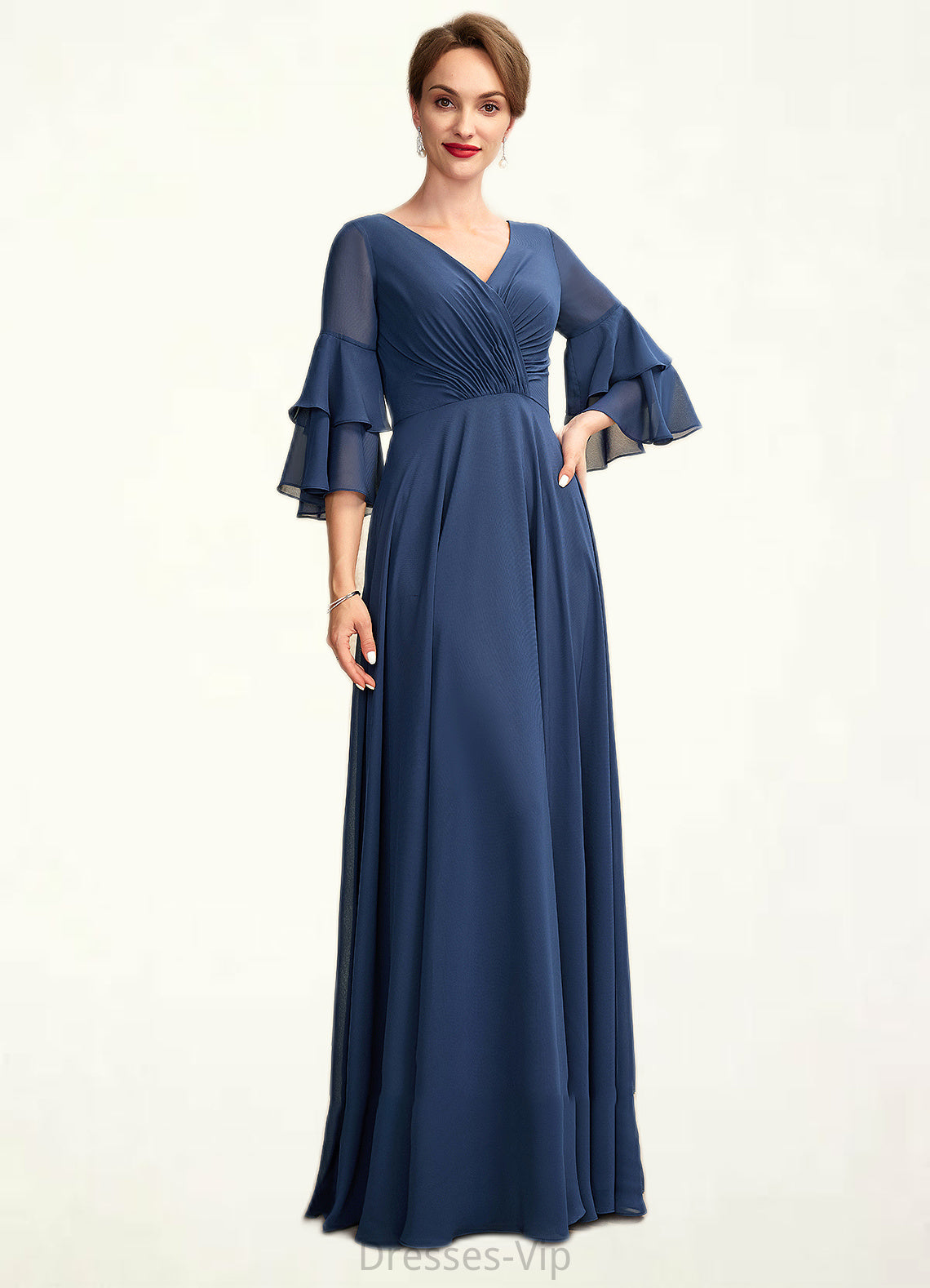 Hazel A-Line V-neck Floor-Length Chiffon Mother of the Bride Dress With Cascading Ruffles HP126P0015003