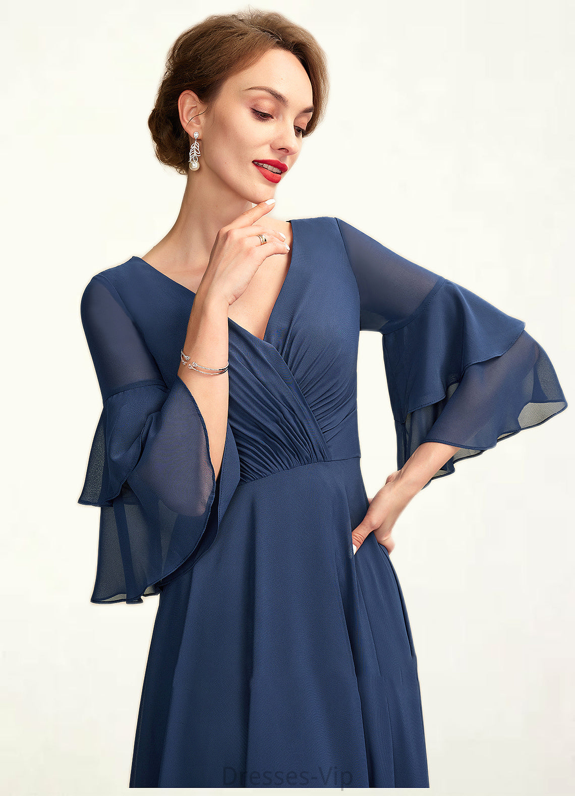 Hazel A-Line V-neck Floor-Length Chiffon Mother of the Bride Dress With Cascading Ruffles HP126P0015003