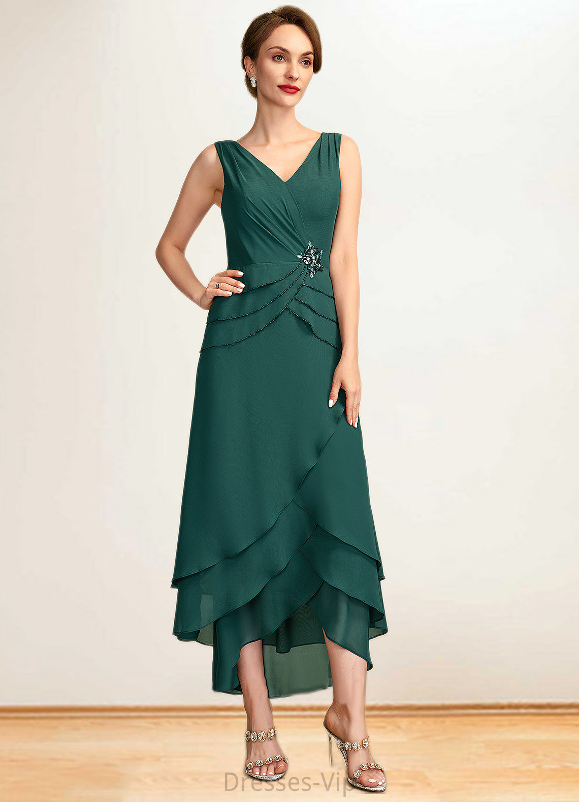 Skyler A-Line V-neck Asymmetrical Chiffon Mother of the Bride Dress With Beading Sequins Cascading Ruffles HP126P0015005