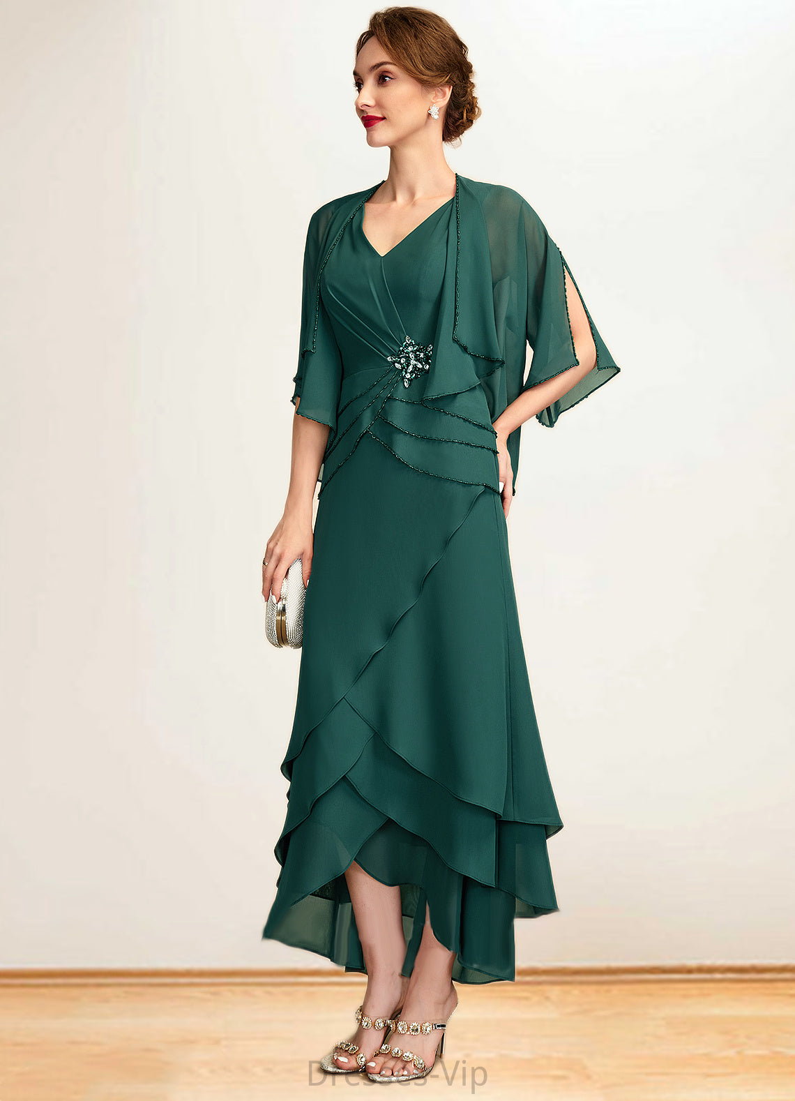 Skyler A-Line V-neck Asymmetrical Chiffon Mother of the Bride Dress With Beading Sequins Cascading Ruffles HP126P0015005