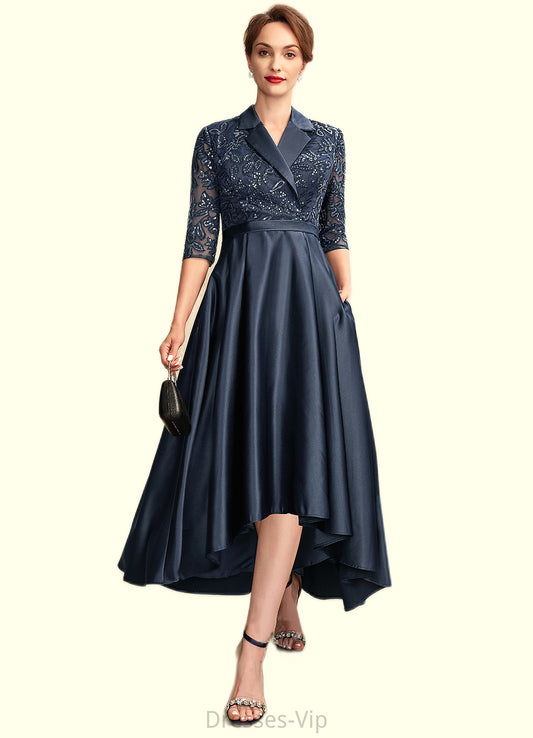 Serenity A-Line V-neck Asymmetrical Satin Lace Mother of the Bride Dress With Sequins Pockets HP126P0015008