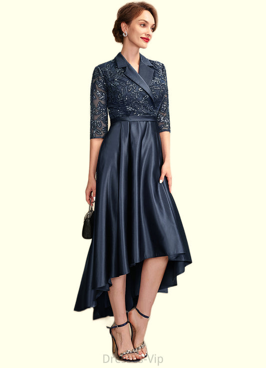 Serenity A-Line V-neck Asymmetrical Satin Lace Mother of the Bride Dress With Sequins Pockets HP126P0015008