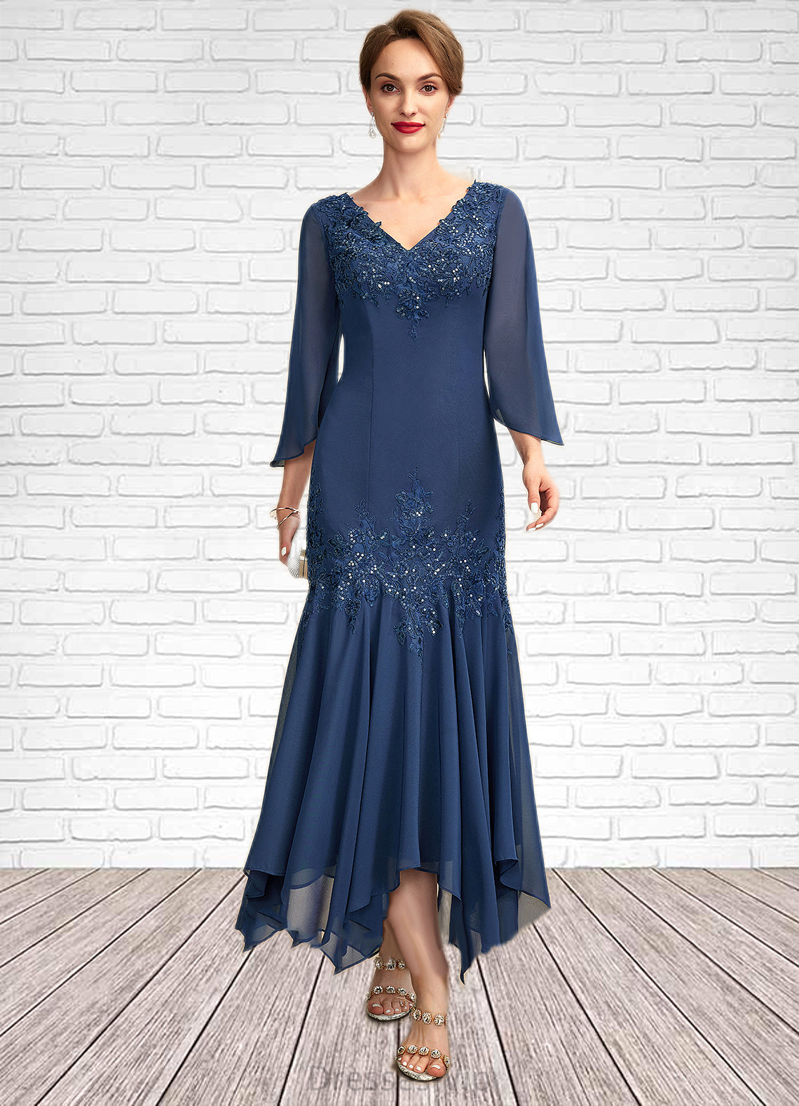 Meg Trumpet/Mermaid V-neck Ankle-Length Chiffon Mother of the Bride Dress With Appliques Lace Sequins HP126P0015009