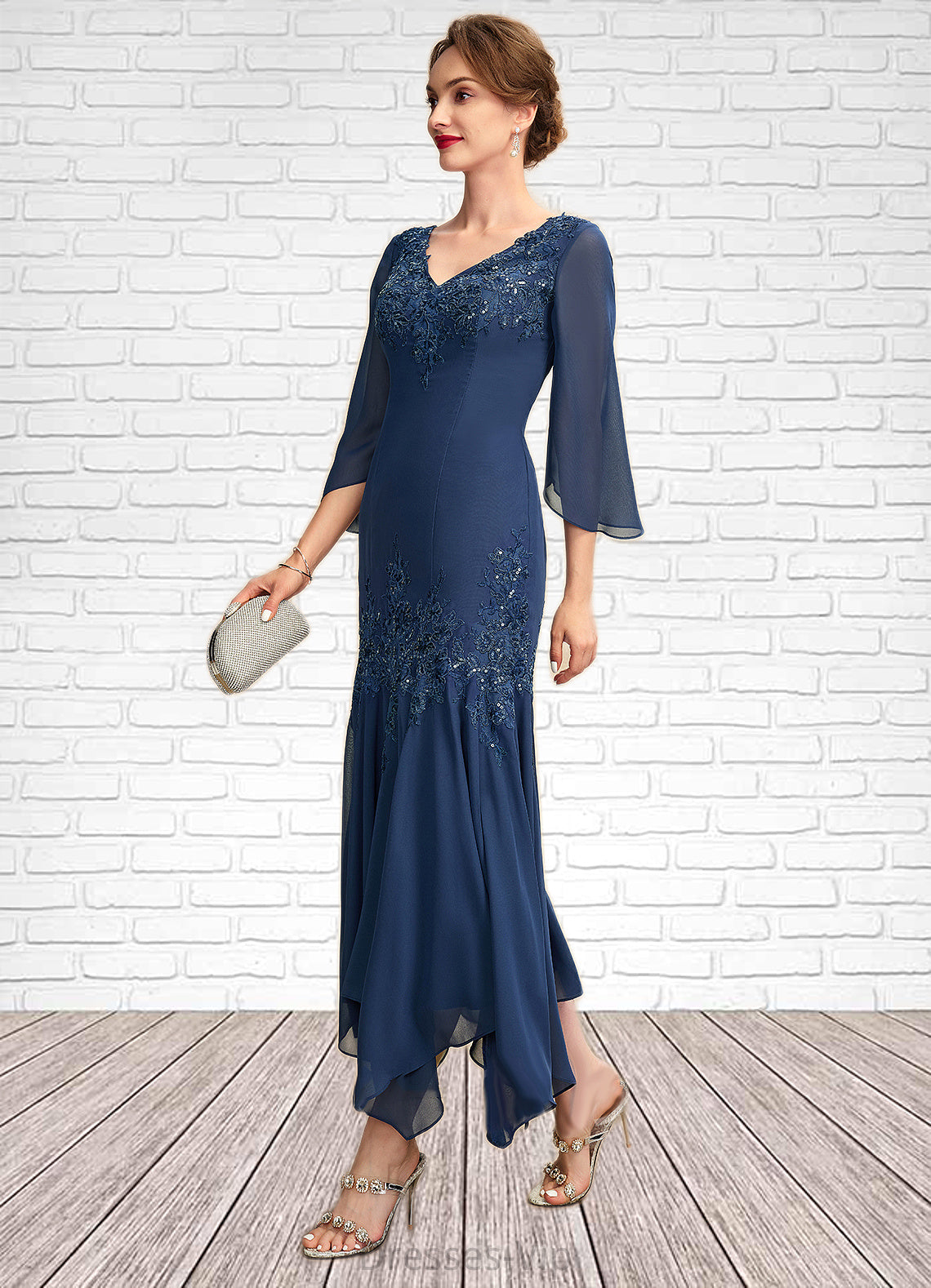 Meg Trumpet/Mermaid V-neck Ankle-Length Chiffon Mother of the Bride Dress With Appliques Lace Sequins HP126P0015009