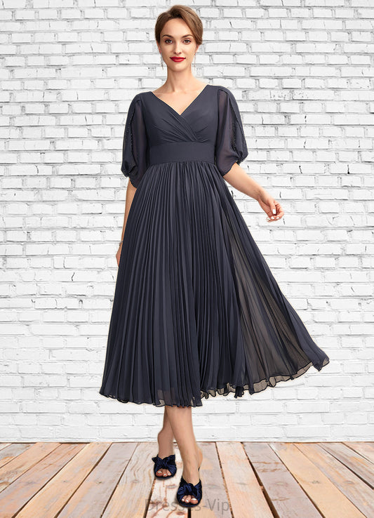 Esmeralda A-Line V-neck Tea-Length Chiffon Mother of the Bride Dress With Pleated HP126P0015012