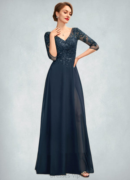 Jayden A-Line V-neck Floor-Length Chiffon Lace Mother of the Bride Dress With Sequins Split Front HP126P0015014