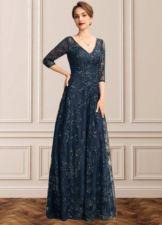 Valerie A-Line V-neck Floor-Length Lace Mother of the Bride Dress With Sequins HP126P0015015