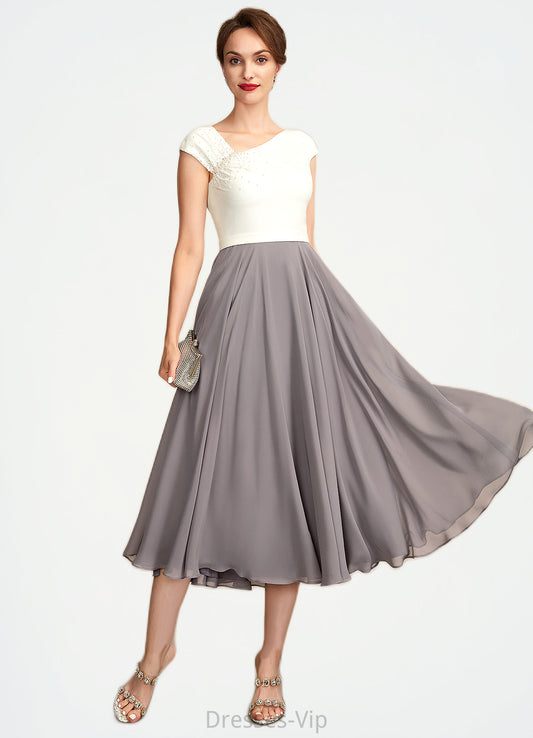 Aurora A-Line V-neck Tea-Length Chiffon Mother of the Bride Dress With Ruffle Beading Sequins HP126P0015016