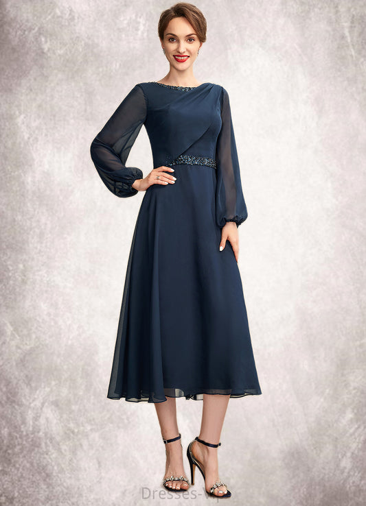 Thea A-Line Scoop Neck Tea-Length Chiffon Mother of the Bride Dress With Beading Sequins HP126P0015018