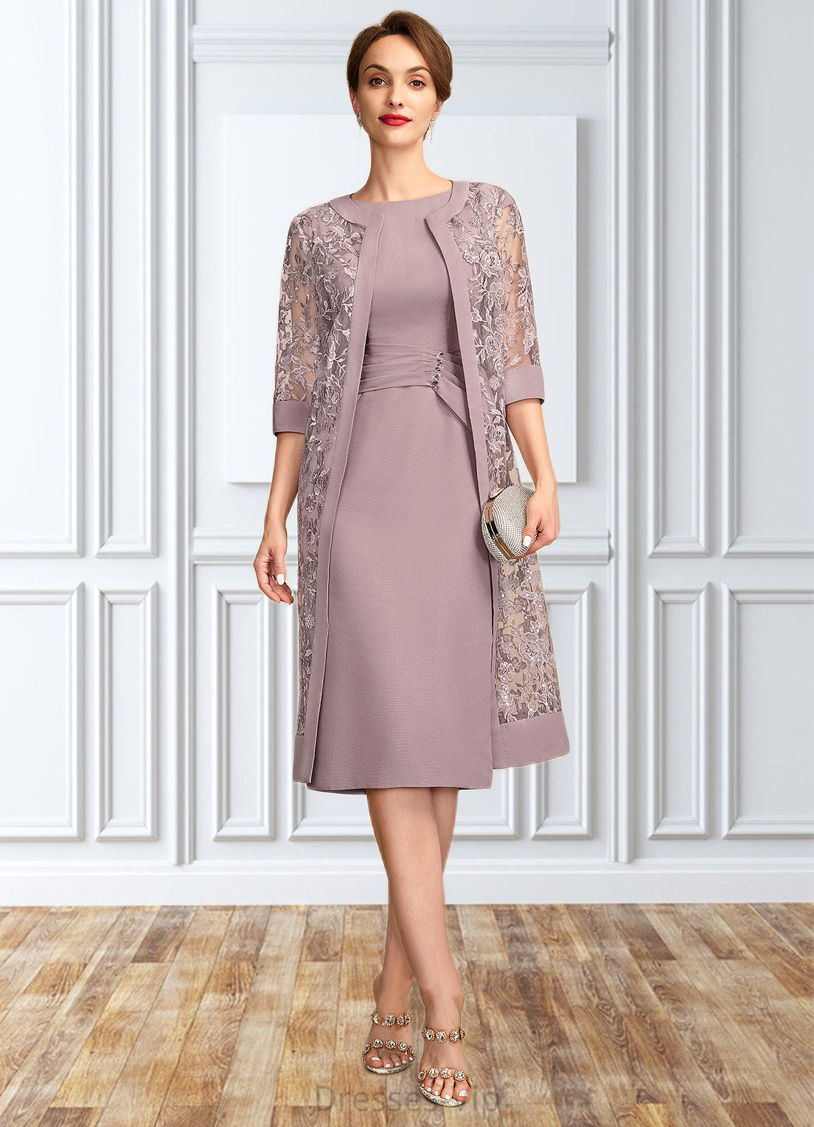 Adrianna Sheath/Column Scoop Neck Knee-Length Chiffon Mother of the Bride Dress With Ruffle Sequins HP126P0015023