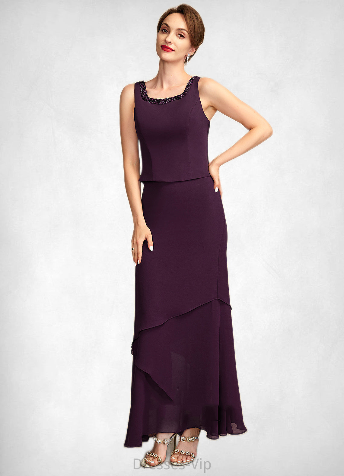 Poll Sheath/Column Scoop Neck Ankle-Length Chiffon Mother of the Bride Dress With Beading Sequins HP126P0015024