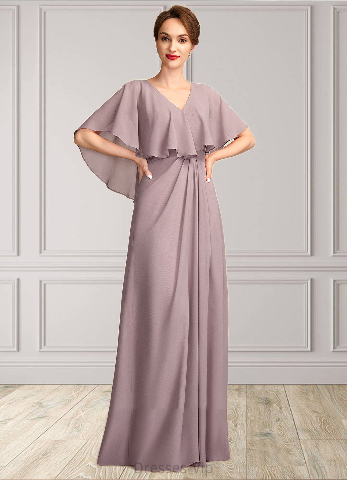 Tania A-Line V-neck Floor-Length Chiffon Mother of the Bride Dress With Ruffle HP126P0015026