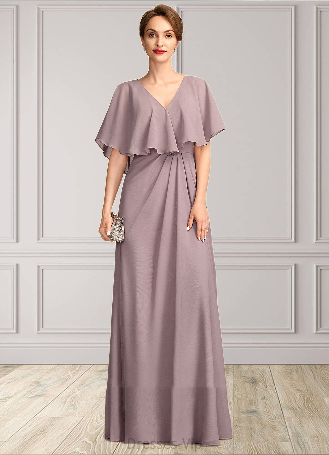 Tania A-Line V-neck Floor-Length Chiffon Mother of the Bride Dress With Ruffle HP126P0015026