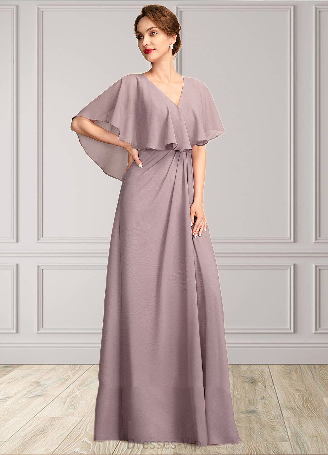 Tania A-Line V-neck Floor-Length Chiffon Mother of the Bride Dress With Ruffle HP126P0015026