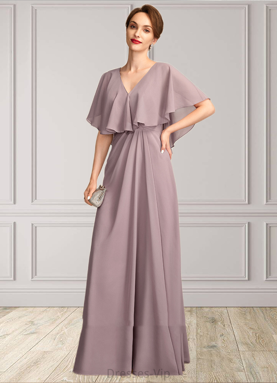 Tania A-Line V-neck Floor-Length Chiffon Mother of the Bride Dress With Ruffle HP126P0015026