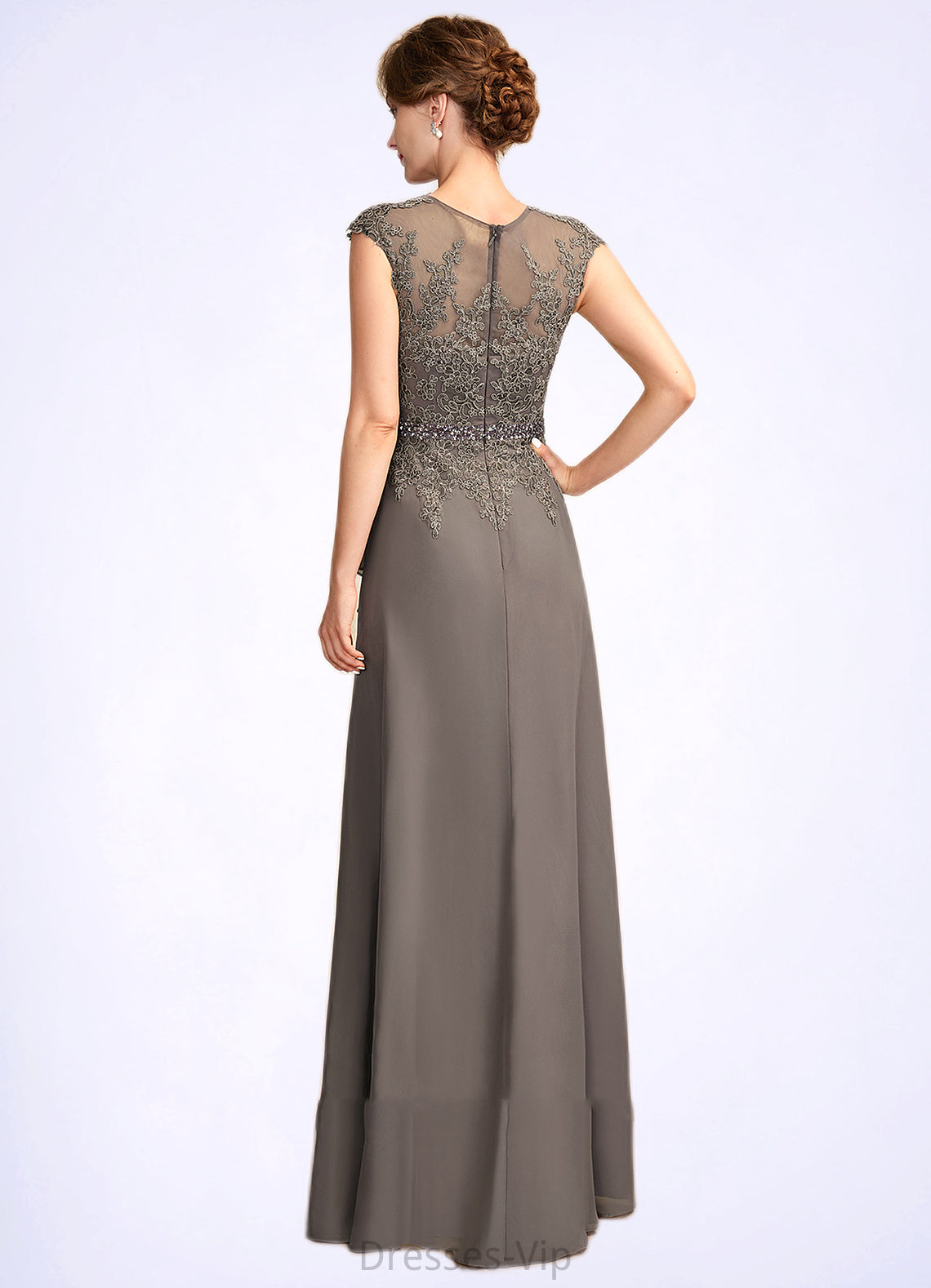 Anna A-Line V-neck Floor-Length Chiffon Lace Mother of the Bride Dress With Beading Sequins Cascading Ruffles HP126P0015030