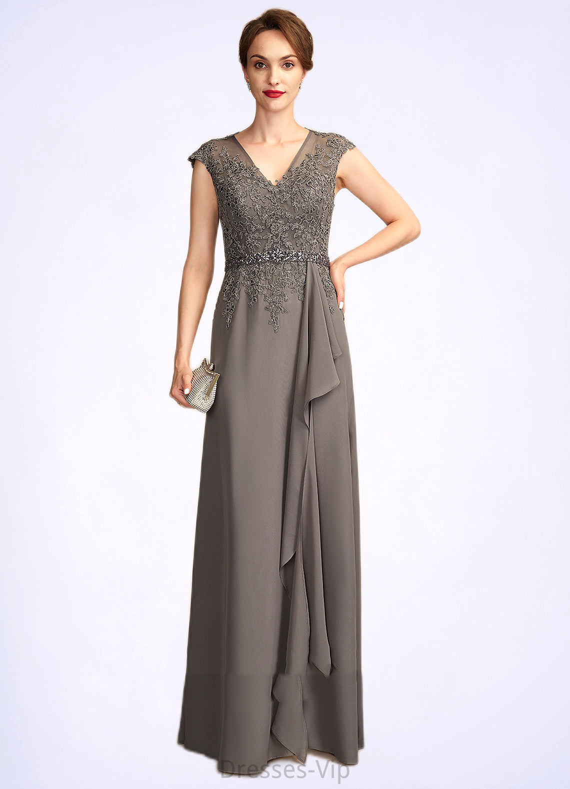 Anna A-Line V-neck Floor-Length Chiffon Lace Mother of the Bride Dress With Beading Sequins Cascading Ruffles HP126P0015030