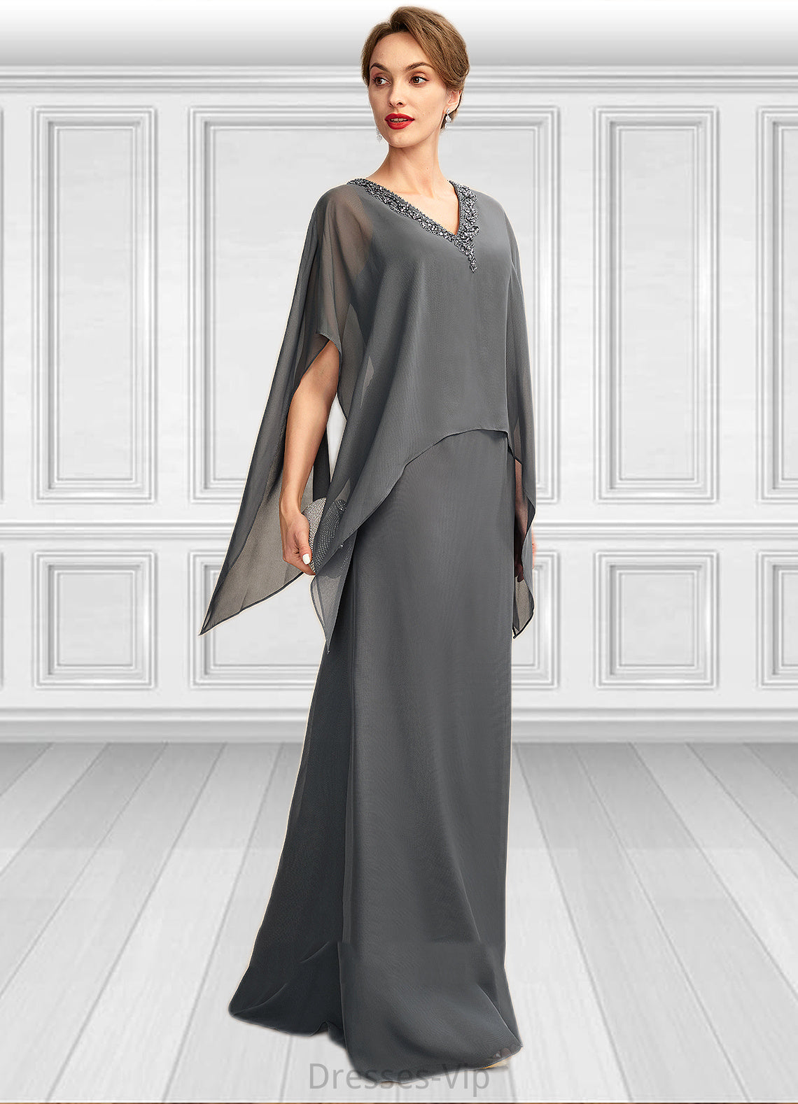 Carleigh A-line V-Neck Floor-Length Chiffon Mother of the Bride Dress With Beading Sequins HP126P0015031