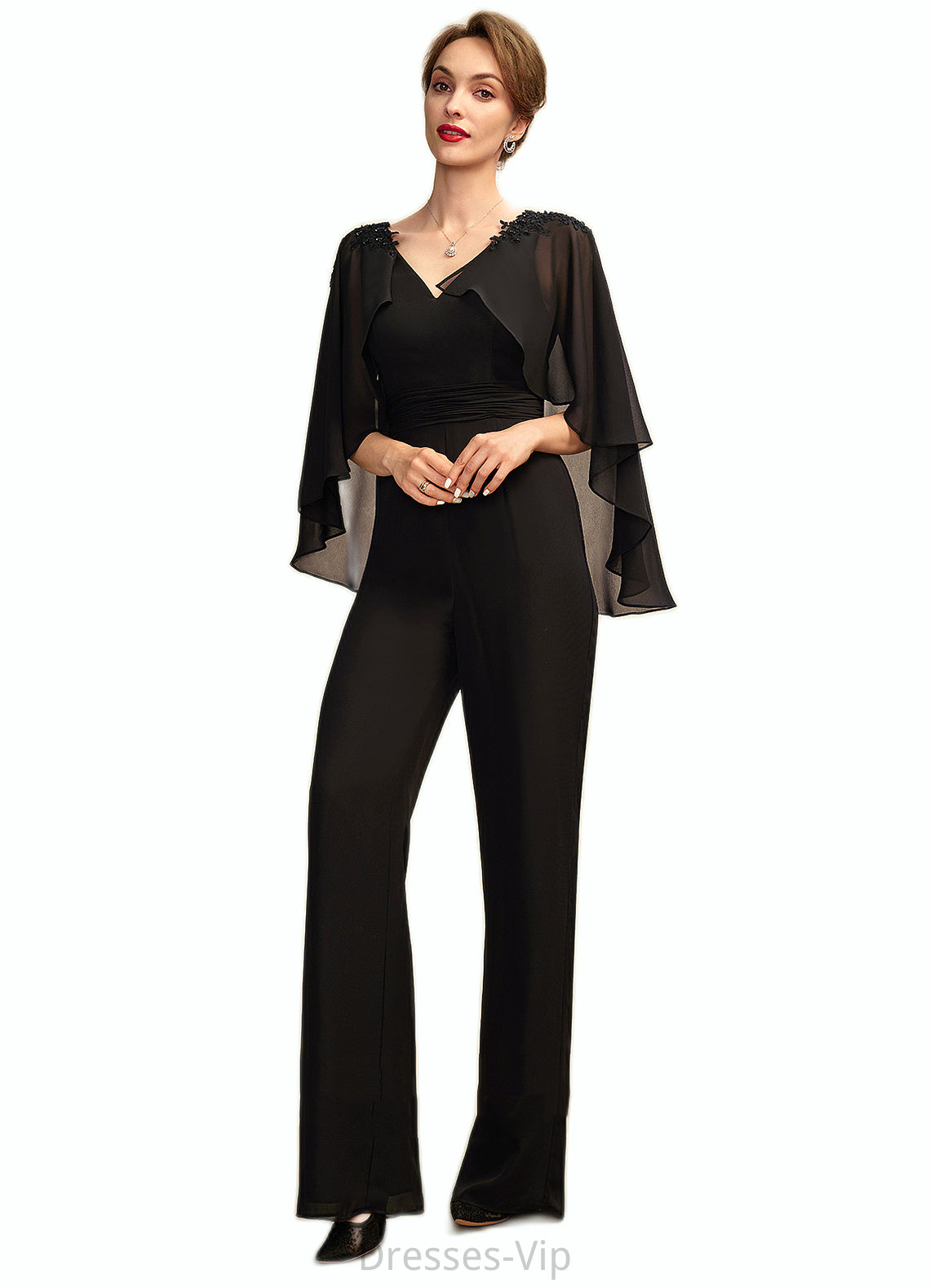 Brooklyn Jumpsuit/Pantsuit V-neck Floor-Length Chiffon Mother of the Bride Dress With Ruffle Beading Appliques Lace Sequins HP126P0015033