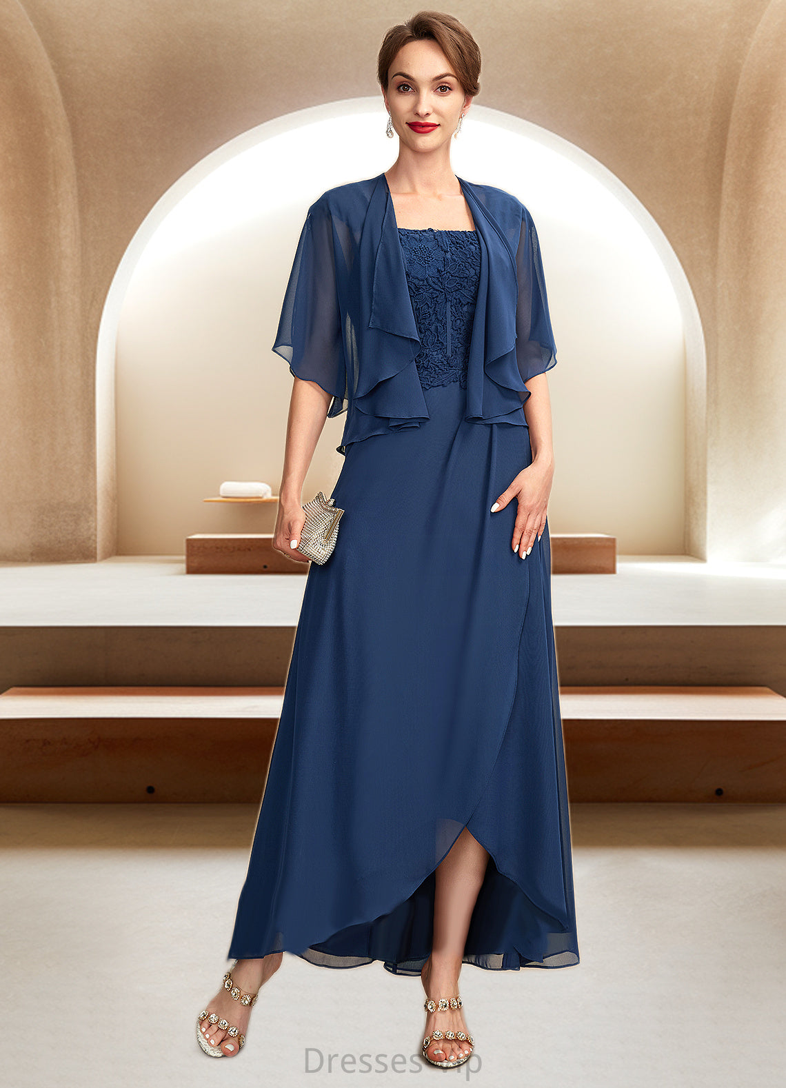 Jacqueline A-Line Square Neckline Asymmetrical Chiffon Lace Mother of the Bride Dress HP126P0015034