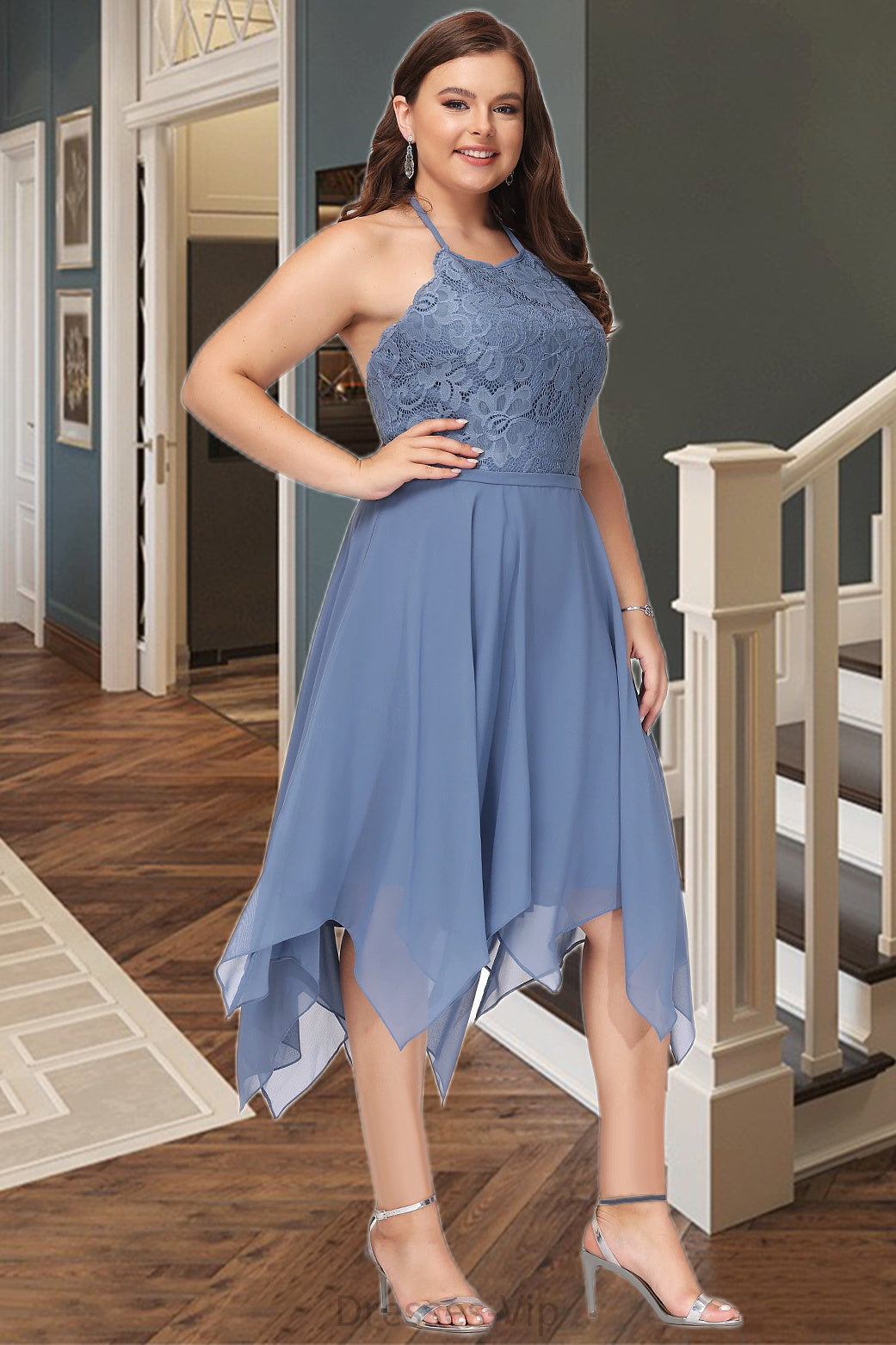 Rebecca A-line Halter Asymmetrical Chiffon Lace Homecoming Dress HPP0020561