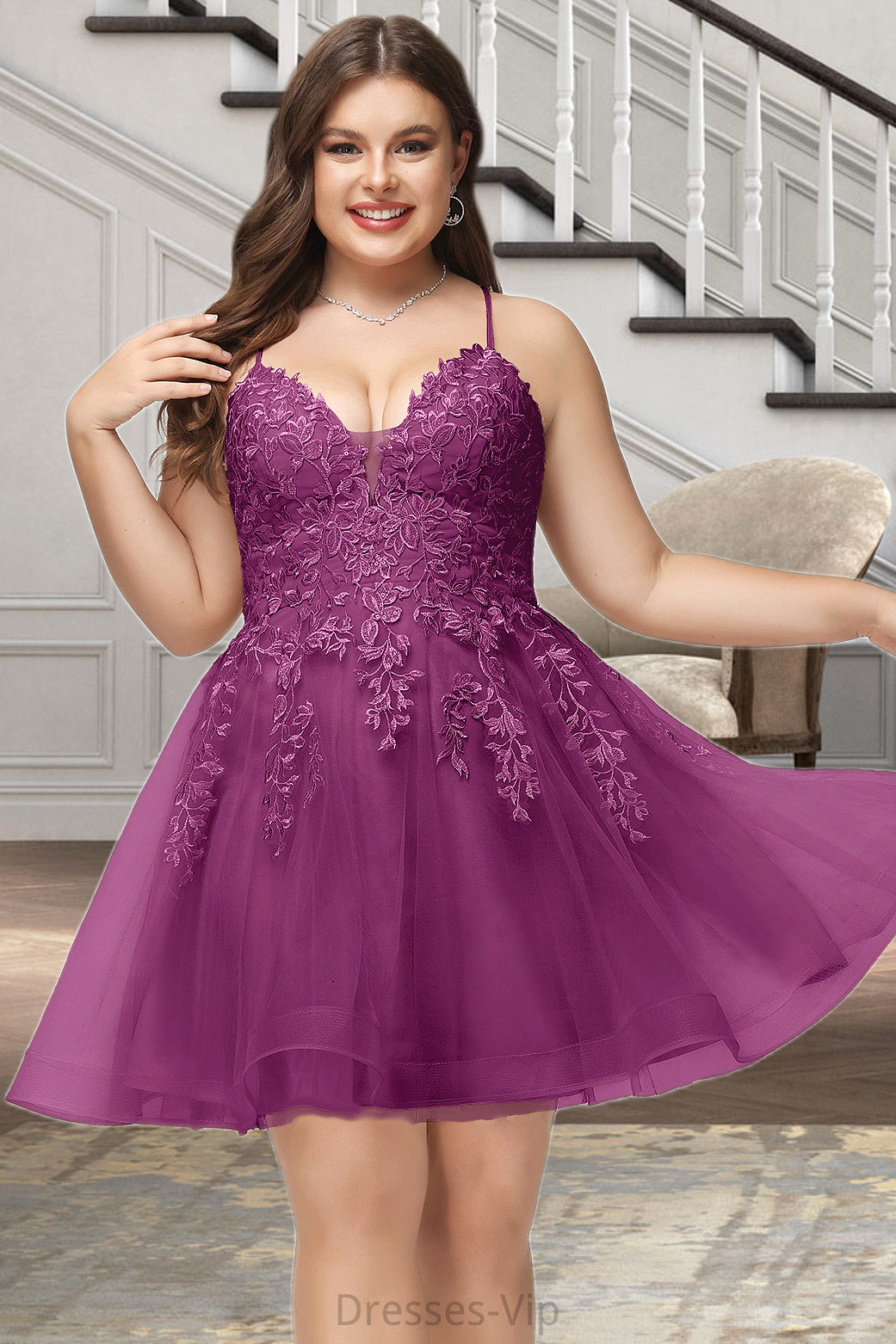 Kim A-line V-Neck Short/Mini Lace Tulle Homecoming Dress With Sequins HPP0020500