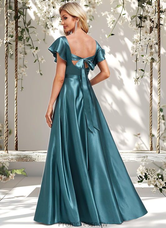 Keyla A-line V-Neck Floor-Length Stretch Satin Bridesmaid Dress With Ruffle HPP0025780