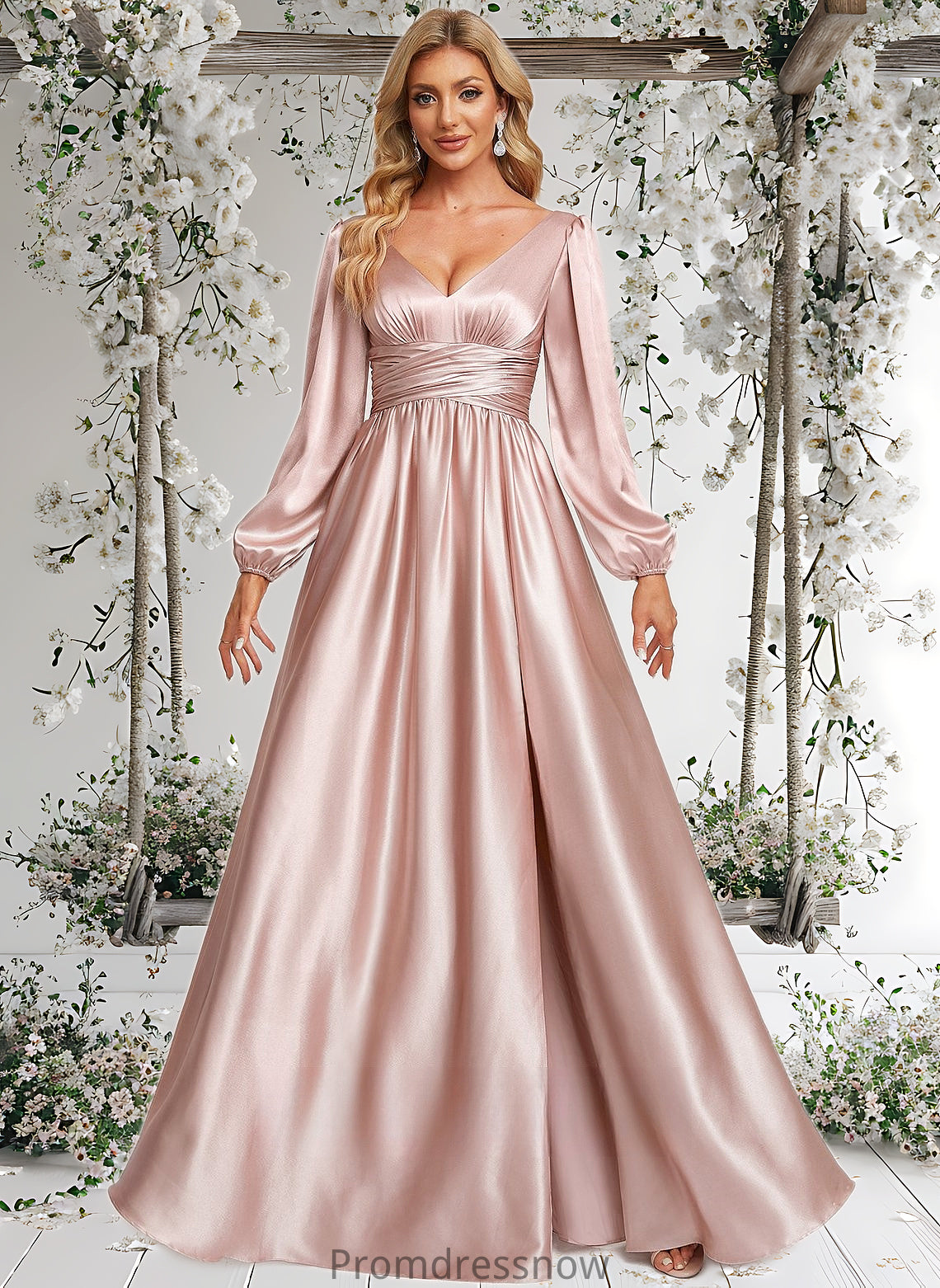 Michelle A-line V-Neck Floor-Length Stretch Satin Prom Dresses HPP0025880