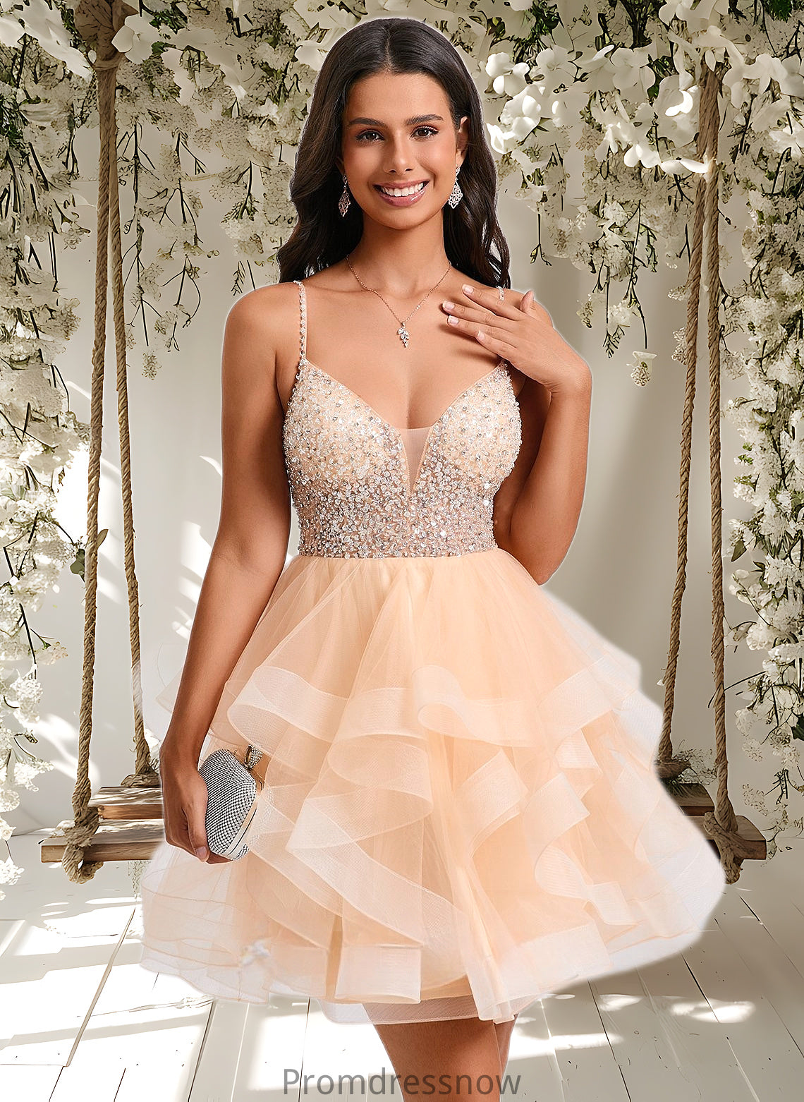 Amani Ball-Gown/Princess V-Neck Short Tulle Homecoming Dress With Beading Sequins HPP0025646