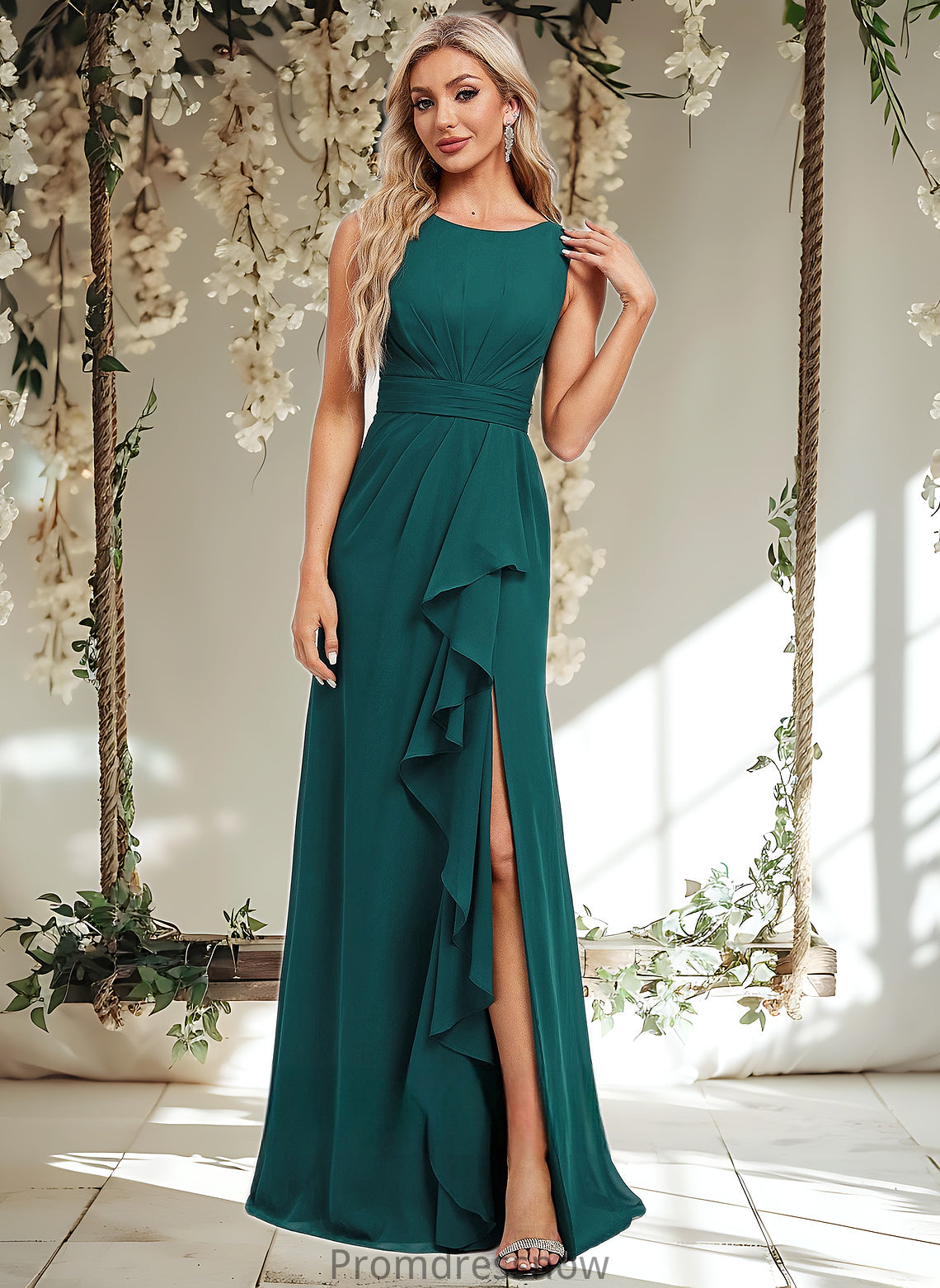 Lindsay A-line Scoop Floor-Length Chiffon Bridesmaid Dress With Ruffle HPP0025814