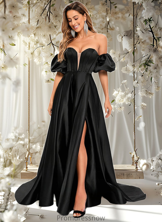 Brynn A-line V-Neck Sweep Train Satin Prom Dresses HPP0025842